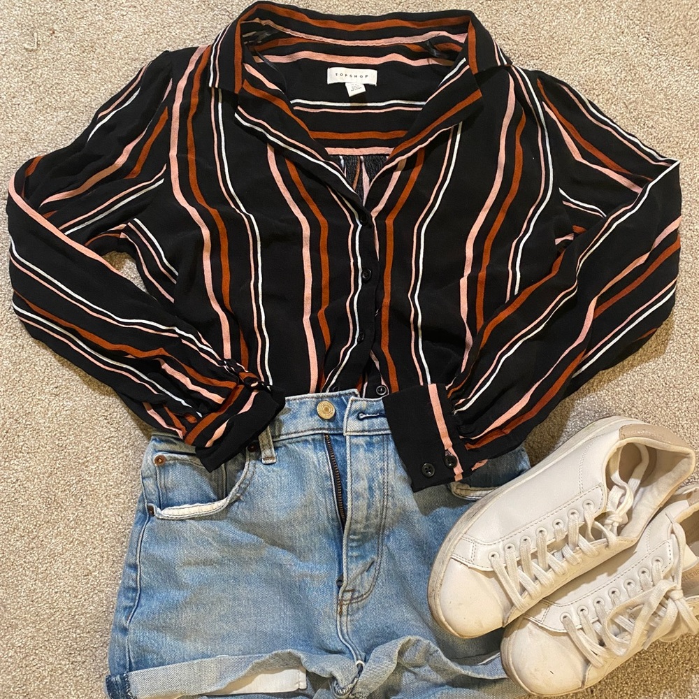 Topshop Striped Cropped Button Down